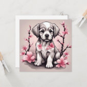 Schattigee Puppy en roze Cherry Blossom Flowers Kaart (Voorkant / Achterkant in situ)
