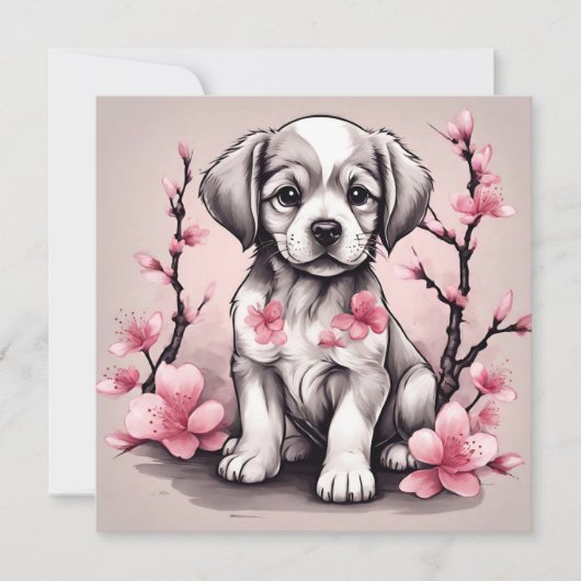 Schattigee Puppy en roze Cherry Blossom Flowers Kaart (Voorkant)
