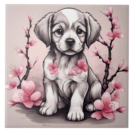 Schattigee Puppy en roze Cherry Blossom Flowers Tegeltje (Voorkant)