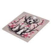 Schattigee Puppy en roze Cherry Blossom Flowers Tegeltje (Zijkant)