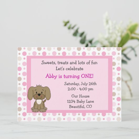 Schattigee puppy hond 1e verjaardag uitnodiging vo (Staand voorkant)