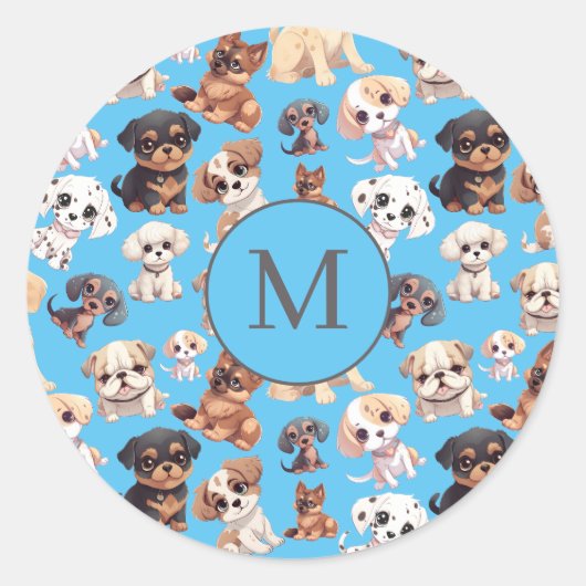 Schattigee puppy hond blauw klein ronde sticker (Voorkant)