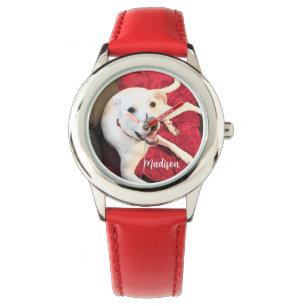 Schattigee Puppy Hond Glimlachend Foto Rode Naam Horloge