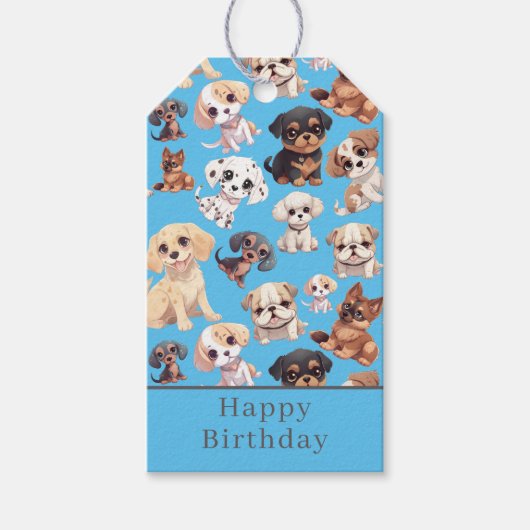 Schattigee puppy hond Happy Birthday Blue Cadeaulabel (Voorkant)