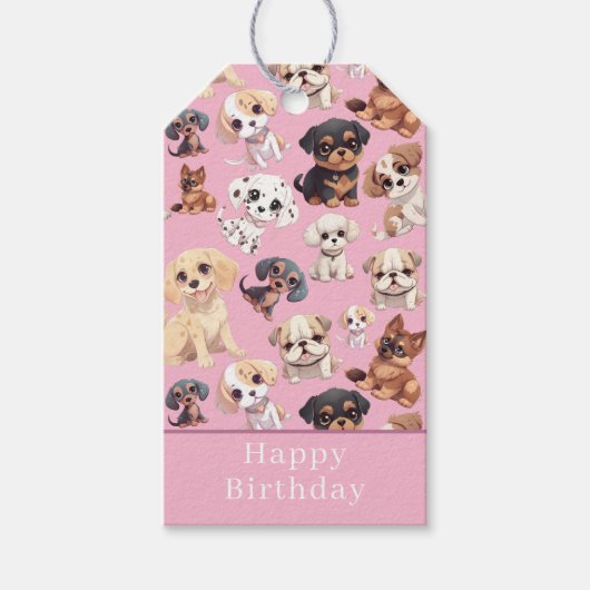 Schattigee puppy hond Happy Birthday Pink Cadeaulabel (Voorkant)