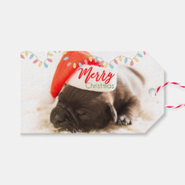 Schattigee puppy hond in een rode kerstmuts kerst cadeaulabel