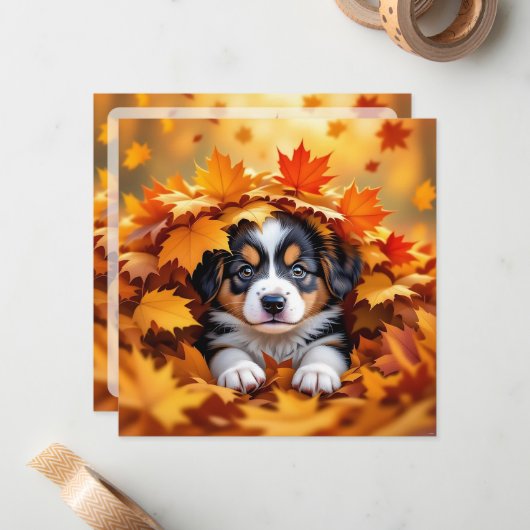 Schattigee puppy hond in herfstbladeren notitiekaartje (Voorkant / Achterkant in situ)