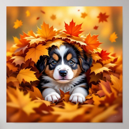 Schattigee puppy hond in herfstbladeren poster (Voorkant)