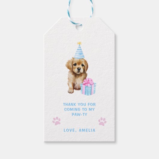 Schattigee puppy hond Pawty Blue verjaardagsfeestj Cadeaulabel (Voorkant)