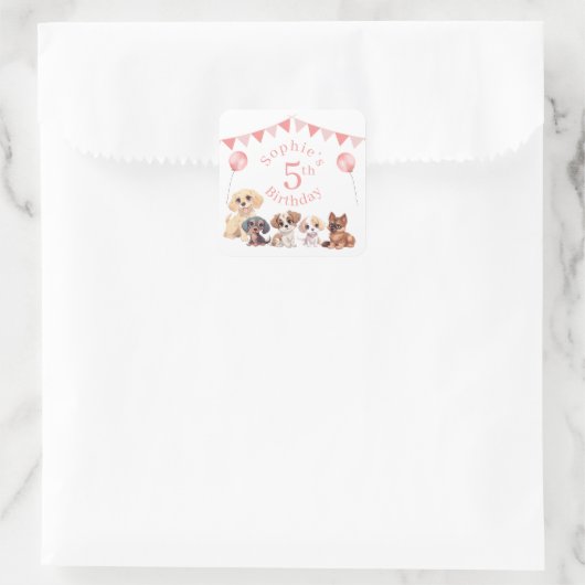Schattigee puppy hond roze 5e verjaardag vierkante sticker (Tas)