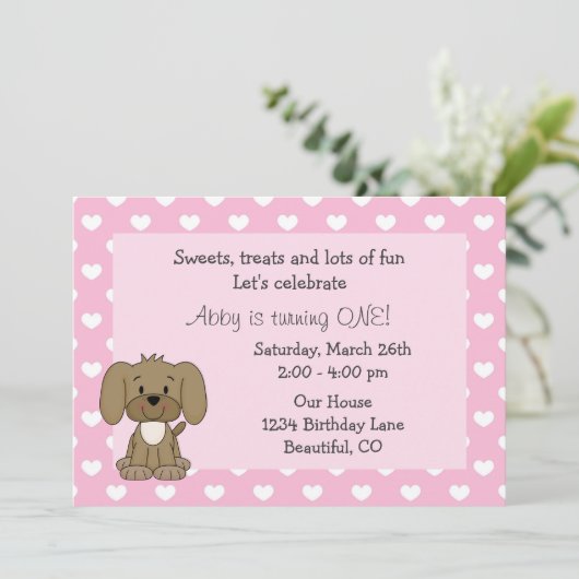 Schattigee puppy hond, witte harten op roze 1e ver kaart (Staand voorkant)