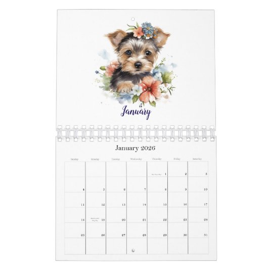 Schattigee Puppy Huisdieren Waterverf Flower Kalender (Jan 2026)