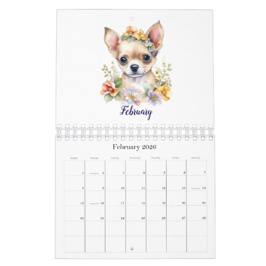 Schattigee Puppy Huisdieren Waterverf Flower Kalender (Feb 2026)