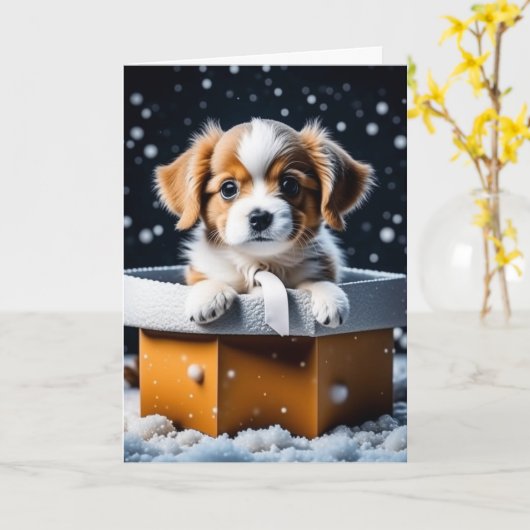 Schattigee Puppy in Gift Box Vakantie Kerstmis Kaart (Gele Bloem)