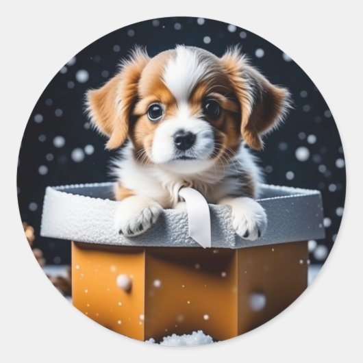 Schattigee Puppy in Gift Box Vakantie Kerstmis Ronde Sticker (Voorkant)