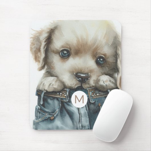 Schattigee puppy in jeans Art Monogram Mousepad Muismat (Met muis)