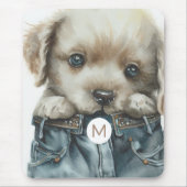 Schattigee puppy in jeans Art Monogram Mousepad Muismat (Voorkant)