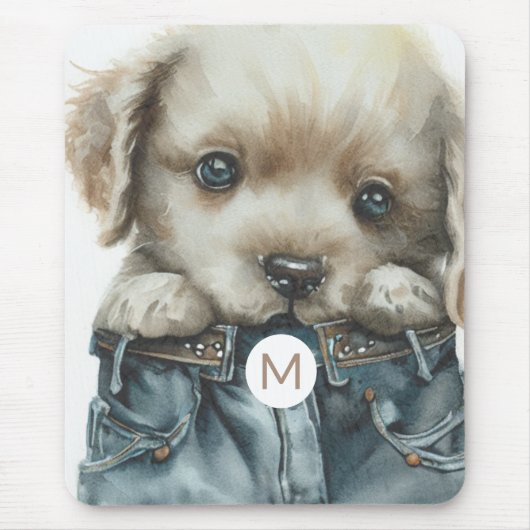 Schattigee puppy in jeans Art Monogram Mousepad Muismat (Voorkant)