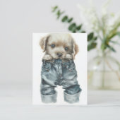 Schattigee puppy in jeans kunst briefkaart (Staand voorkant)