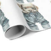 Schattigee puppy in jeans kunst cadeaupapier (Rol Hoek)