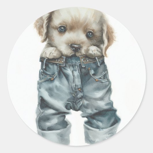 Schattigee puppy in jeans kunst ronde sticker (Voorkant)