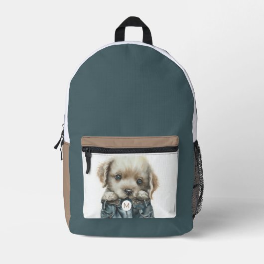 Schattigee puppy in jeans kunstmonogram bedrukte rugzak (Voorkant)