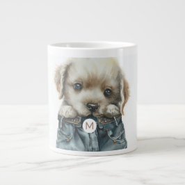 Schattigee puppy in jeans kunstmonogram grote koffiekop