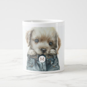 Schattigee puppy in jeans kunstmonogram grote koffiekop