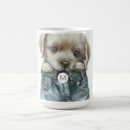 Schattigee puppy in jeans kunstmonogram koffiemok