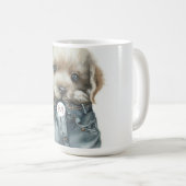 Schattigee puppy in jeans kunstmonogram koffiemok (Voorkant rechts)