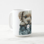 Schattigee puppy in jeans kunstmonogram koffiemok (Voorkant links)