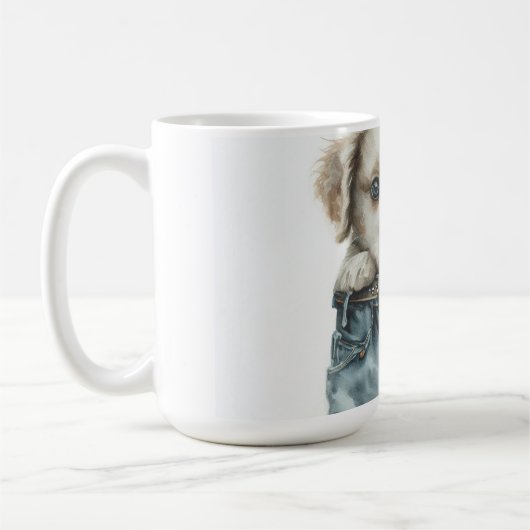 Schattigee puppy in jeans kunstmonogram koffiemok (Links)