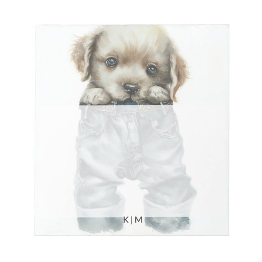 Schattigee puppy in jeans kunstmonogram notitieblok (Voorkant)