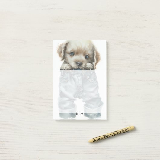 Schattigee puppy in jeans kunstmonogram post-it® notes (Op bureau)