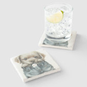 Schattigee puppy in jeans kunstmonogram stenen onderzetter (Zijkant)