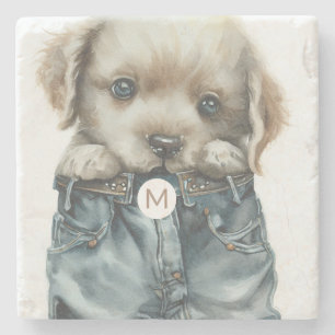 Schattigee puppy in jeans kunstmonogram stenen onderzetter