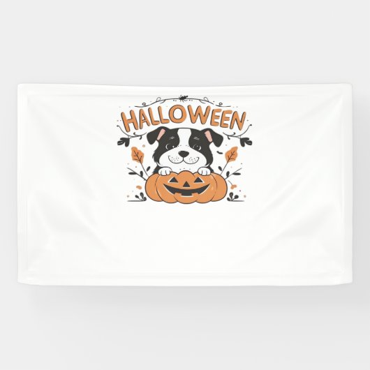 Schattigee puppy in pompoen - Halloween hondenillu Spandoek (Horizontaal)