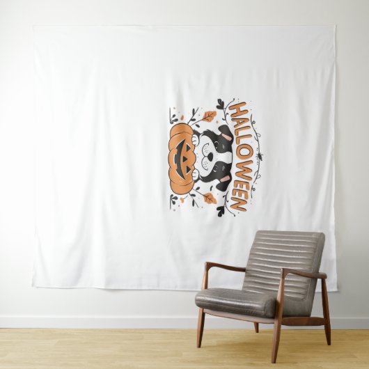 Schattigee puppy in pompoen - Halloween hondenillu Wandkleed (In Situ (horizontaal))