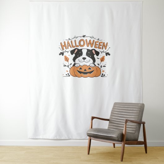 Schattigee puppy in pompoen - Halloween hondenillu Wandkleed (In situ)