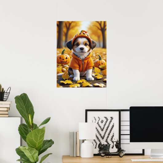Schattigee puppy in pompoen Halloween Hondenliefhe Poster (Thuiskantoor)