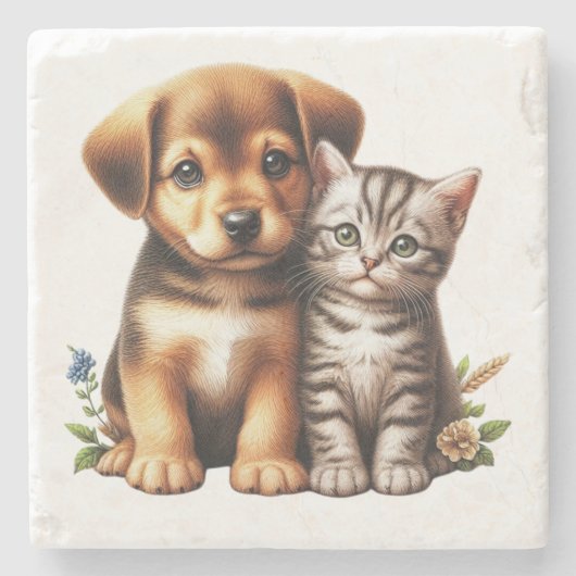 Schattigee puppy/kitten stenen onderzetter (Voorkant)
