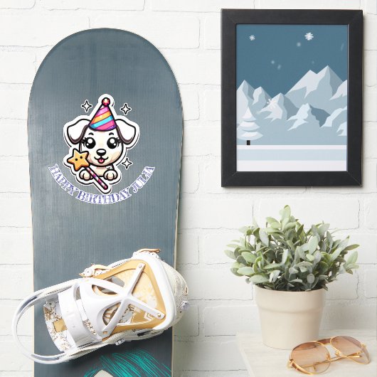 Schattigee Puppy meisjesnaam Happy Birthday Sticker (Snowboard)
