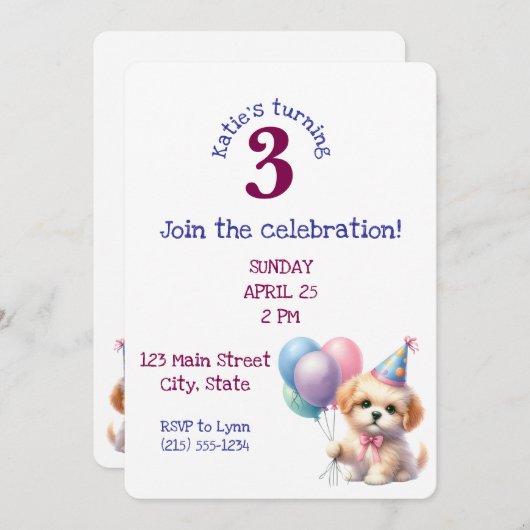 Schattigee puppy met ballonnen verjaardagsfeestje kaart (Voorkant / Achterkant)