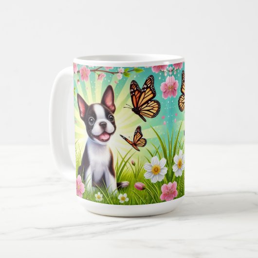 Schattigee puppy met bloemen en vlinders koffiemok (Voorkant links)