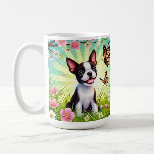 Schattigee puppy met bloemen en vlinders koffiemok (Links)