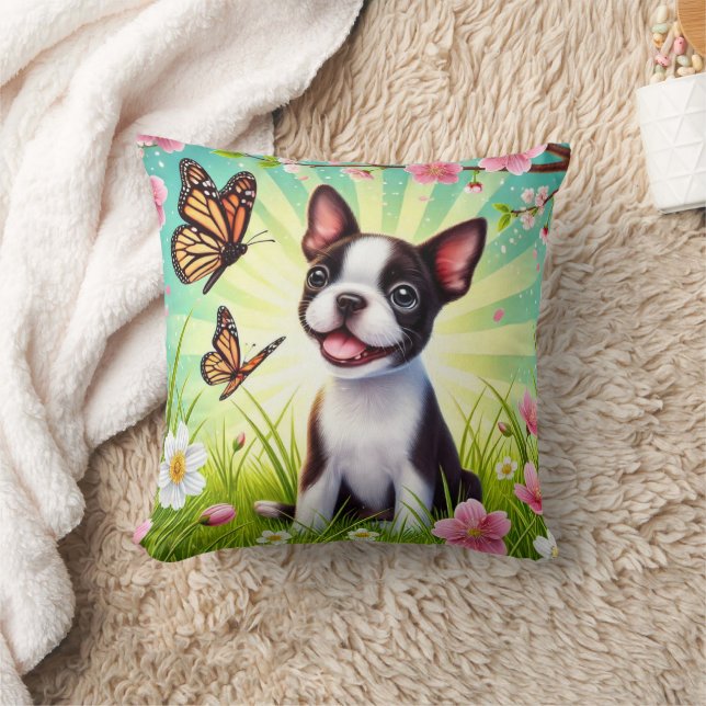 Schattigee puppy met bloemen en vlinders kussen (Deken)