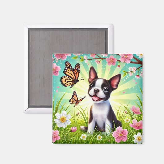 Schattigee puppy met bloemen en vlinders magneet (Voorkant / Achterkant)
