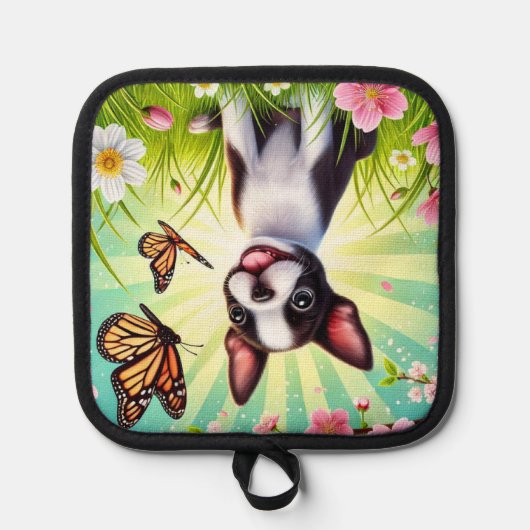 Schattigee puppy met bloemen en vlinders pannenlap (Voorkant)