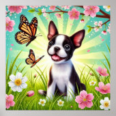 Schattigee puppy met bloemen en vlinders poster (Voorkant)
