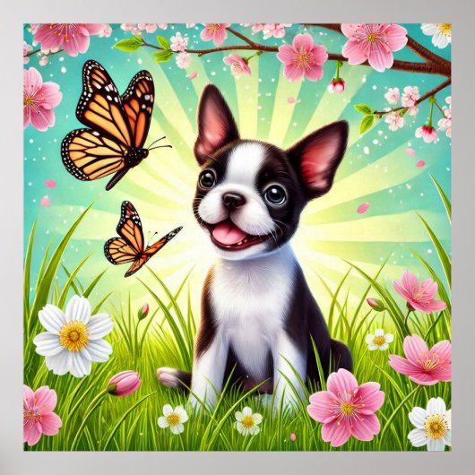 Schattigee puppy met bloemen en vlinders poster (Voorkant)